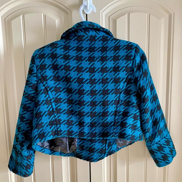 Zara Cropped Turquoise Houndstooth Wool Blend Jacket - Picture 2 of 8